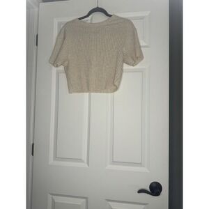 Hm Short Sleeve Ribbed Knit Raw Edge Top Beige Small